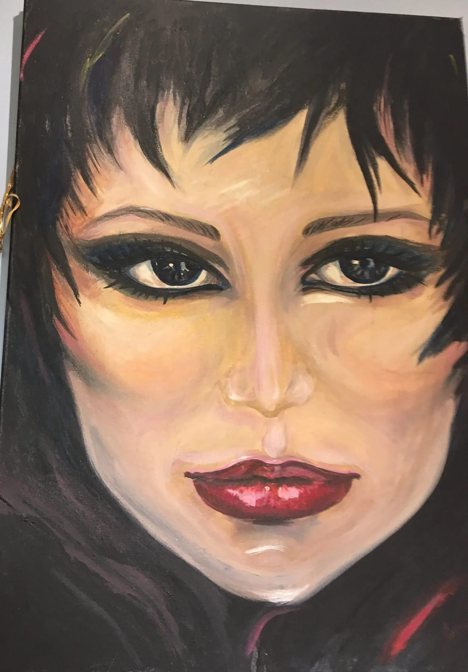 A close portrait of a woman with short black hair, heavy black-lined eyes and glossy red lips, painted against a black ground touched with pink and gold
