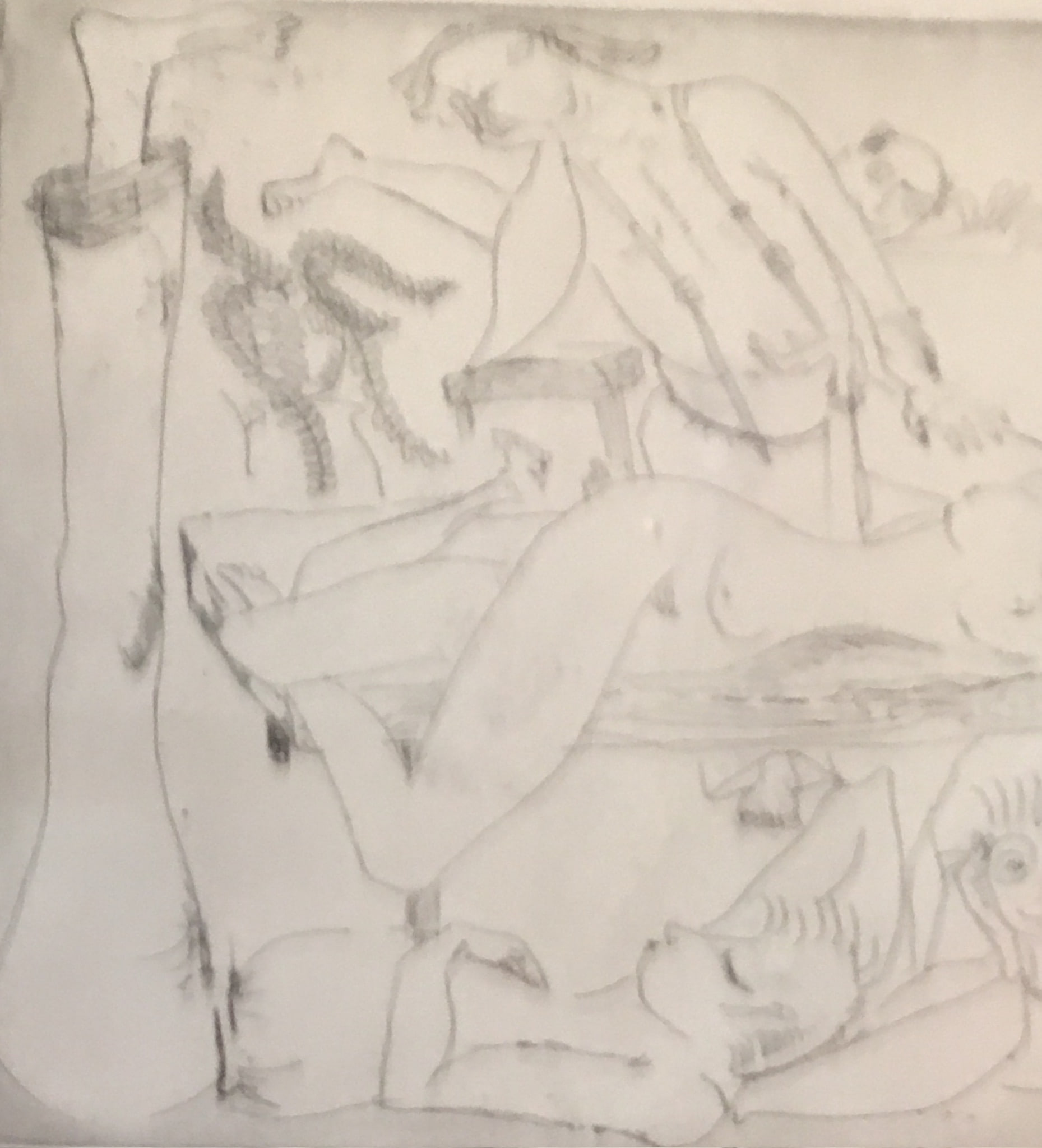Life study on paper in pencil and pale grey wash, several nude figures overlapping across the sheet in loose contour