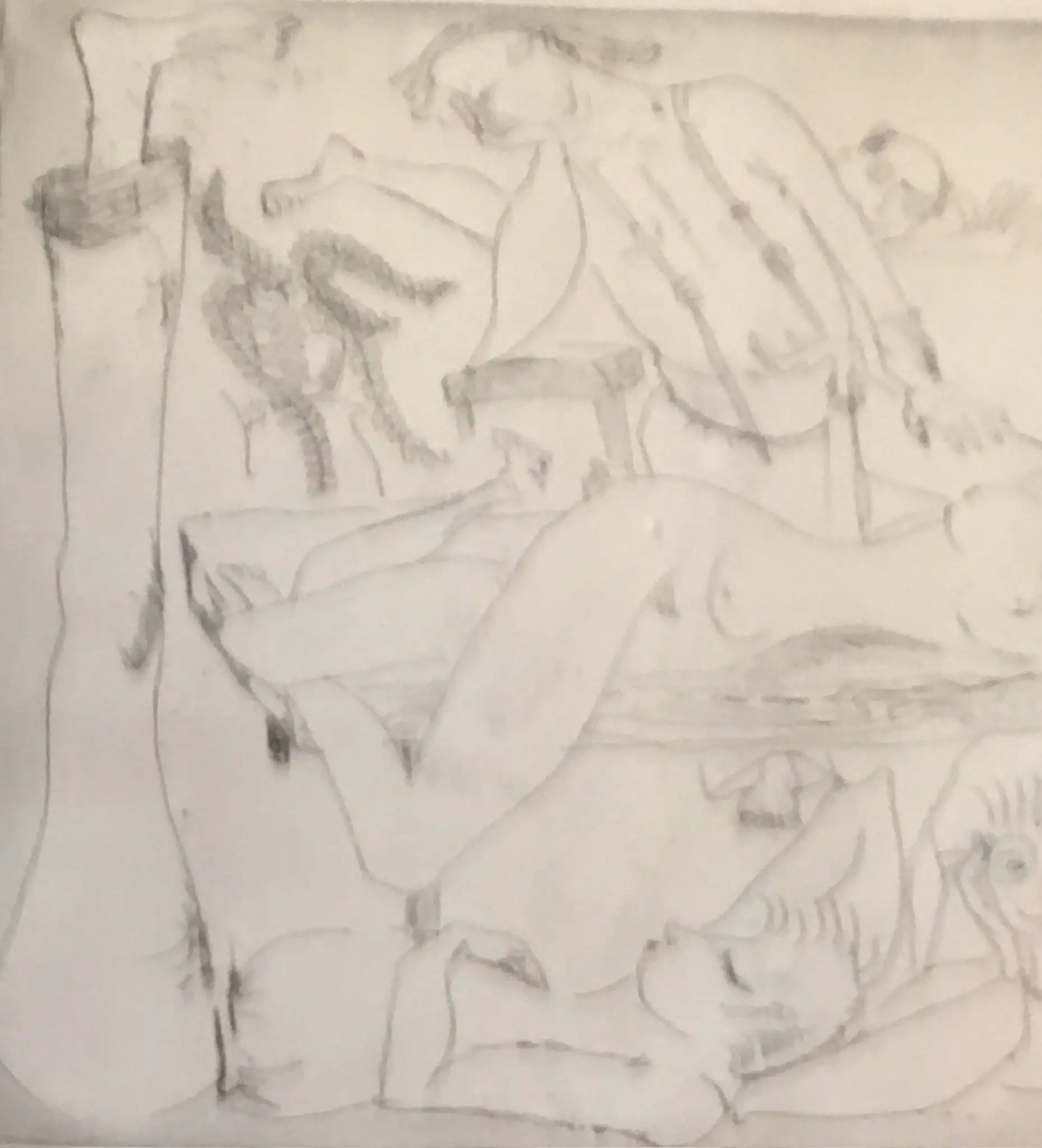 Life study on paper in pencil and pale grey wash, several nude figures overlapping across the sheet in loose contour