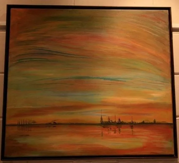 A wide calm harbour at dusk under horizontal bands of amber, green and grey, with a low skyline of domes and spires on the right, a dark stand of trees on the left, and a mirror-still reflection below