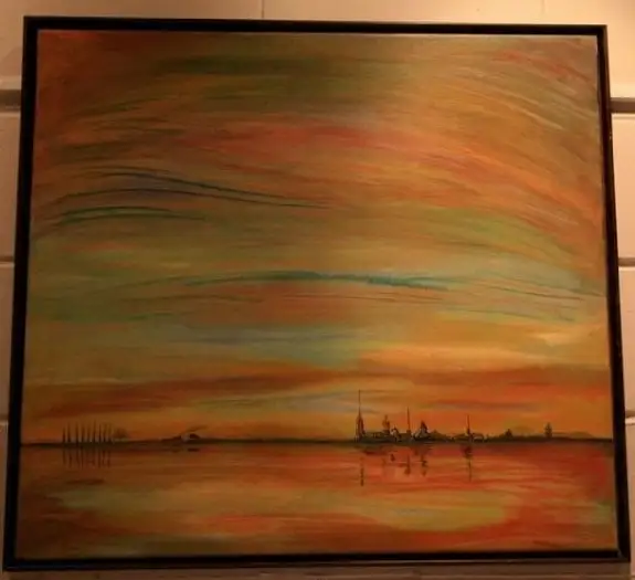 A wide calm harbour at dusk under horizontal bands of amber, green and grey, with a low skyline of domes and spires on the right, a dark stand of trees on the left, and a mirror-still reflection below