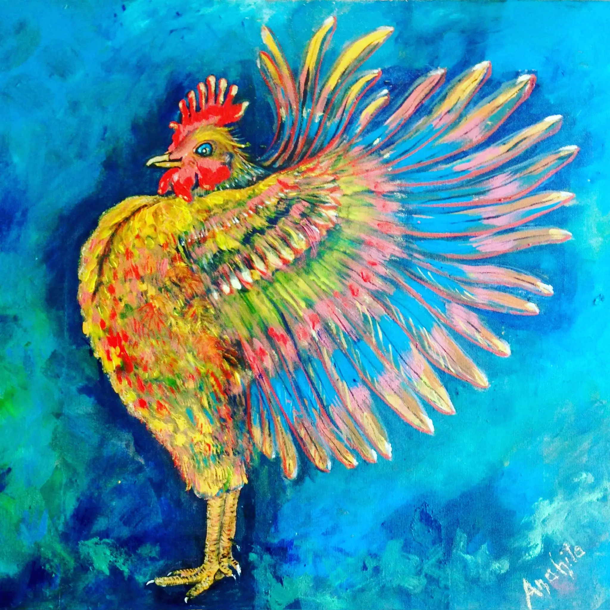 A bright cockerel in profile with scarlet comb and yellow body, tail feathers fanned open in pink, gold and green against a turquoise blue ground