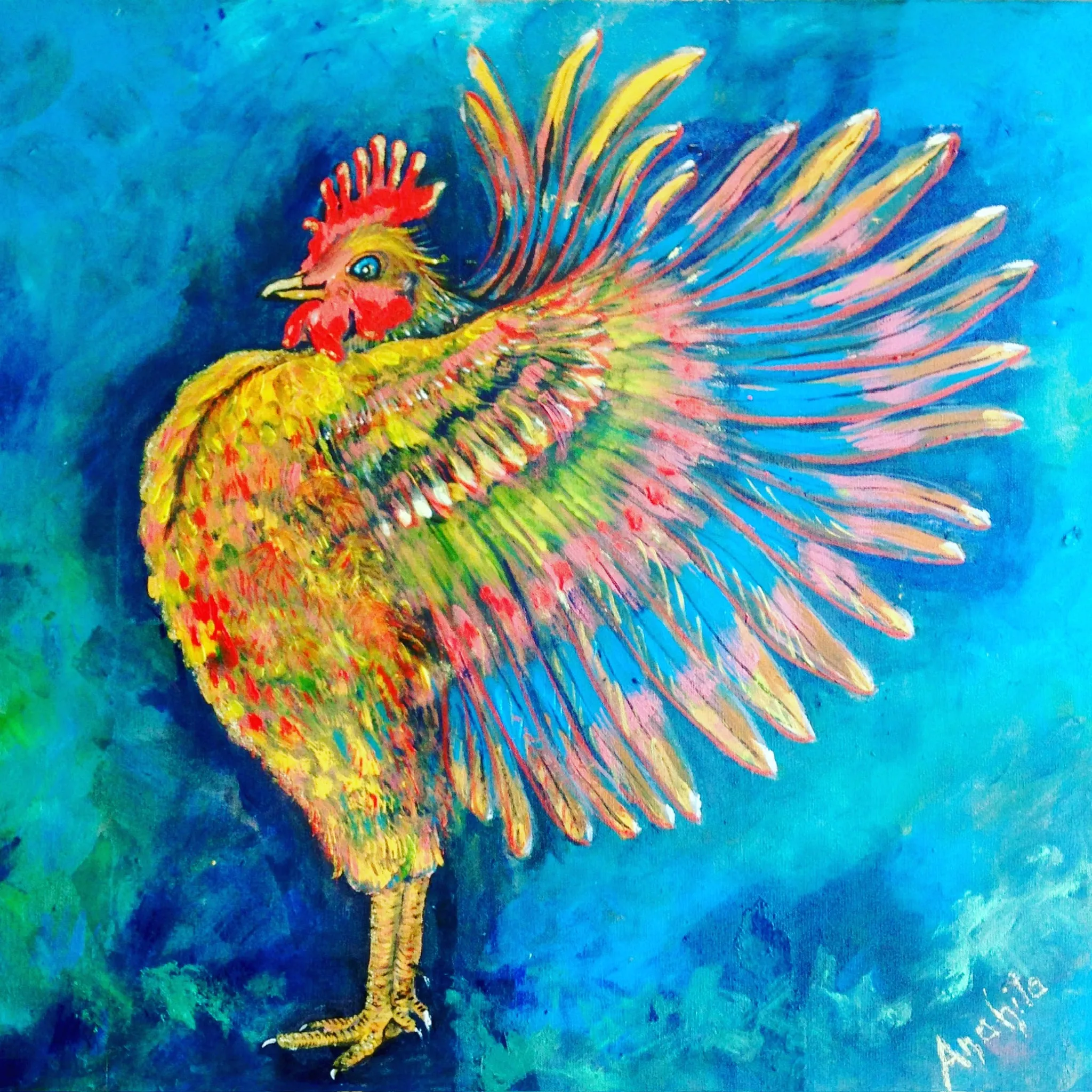 A bright cockerel in profile with scarlet comb and yellow body, tail feathers fanned open in pink, gold and green against a turquoise blue ground