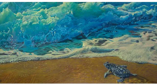 A small brown sea turtle picking its way across pale gold sand towards a towering wave built up in turquoise, cobalt and white foam under a suggestion of surf spray.