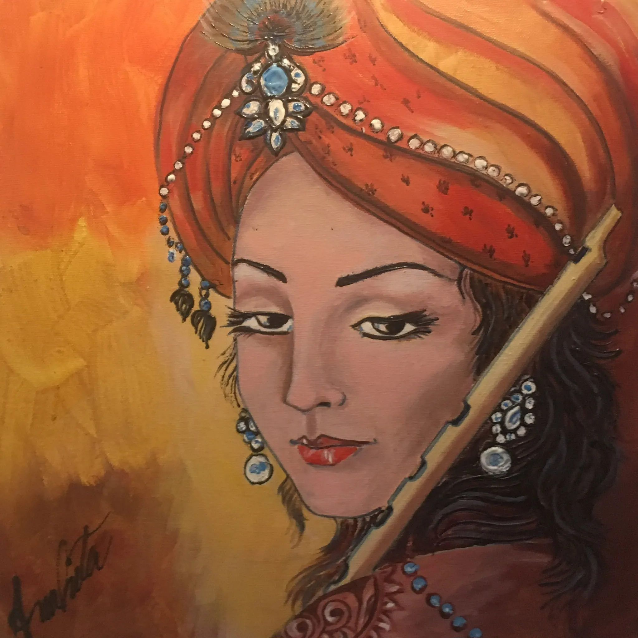 A close portrait of a young woman in a jewelled orange turban with peacock feathers, blue and pearl drop earrings and a slim flute held to her cheek, on a warm amber ground