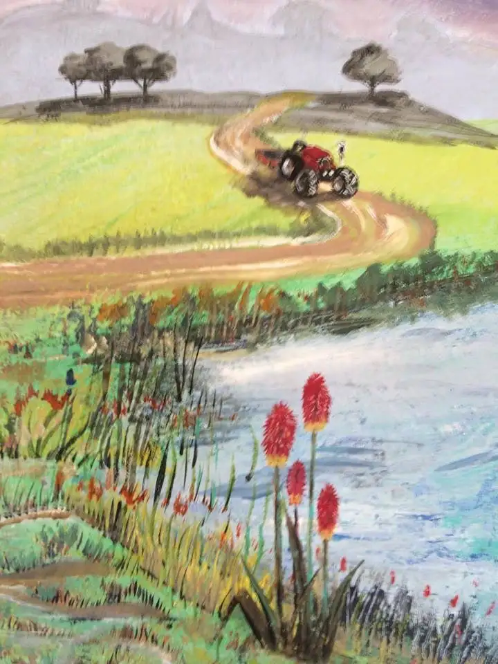 A small red tractor climbs a winding dirt track through green fields under a mauve sky, with a river and tall red hot-poker flowers standing in the foreground.