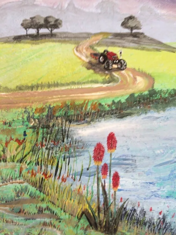 A small red tractor climbs a winding dirt track through green fields under a mauve sky, with a river and tall red hot-poker flowers standing in the foreground.