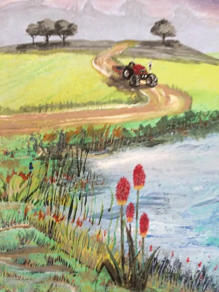 A small red tractor climbs a winding dirt track through green fields under a mauve sky, with a river and tall red hot-poker flowers standing in the foreground.