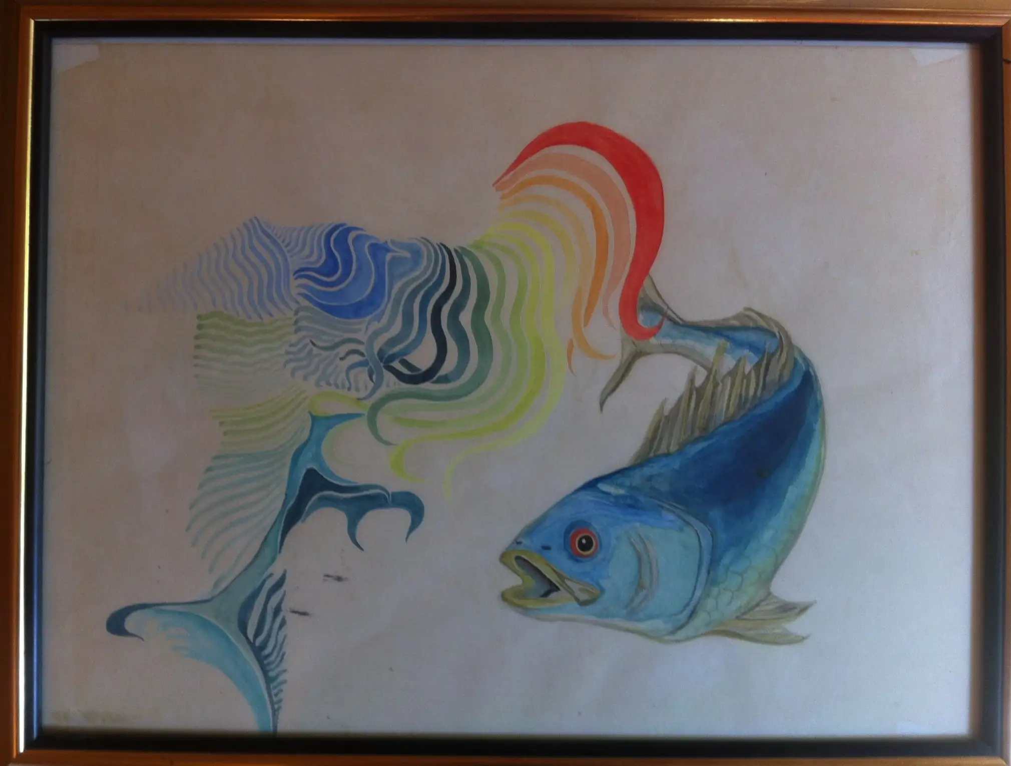 A framed watercolour on cream paper: a bright blue fish with a red rimmed eye on the right facing a translucent figure of rippling coloured lines with rainbow hair on the left