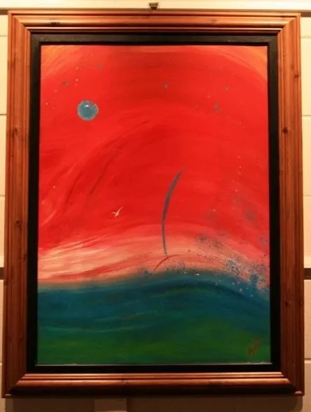 A vivid red sky with a small blue moon at upper left, a solitary white gull, and a green and teal sea swelling along the base, painted in soft washes