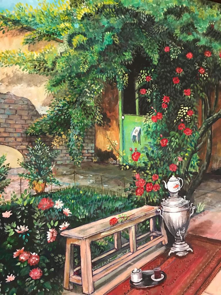 A Persian courtyard painting: a green door in an ochre wall, a climbing rose in heavy red bloom over it, a wooden bench, a silver samovar on a red patterned rug and a small tea tray on the tiles.