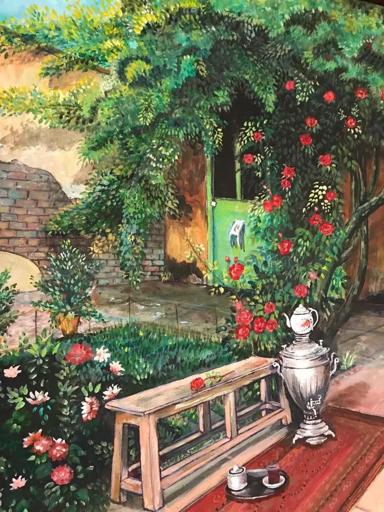 A Persian courtyard painting: a green door in an ochre wall, a climbing rose in heavy red bloom over it, a wooden bench, a silver samovar on a red patterned rug and a small tea tray on the tiles.
