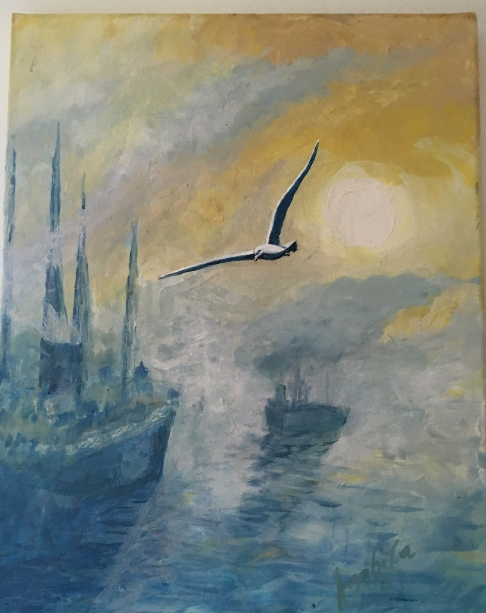 Misty harbour at low sun with tall masts in blue on the left, a single gull banking in profile against a warm yellow sky, and a small vessel out on the calm water