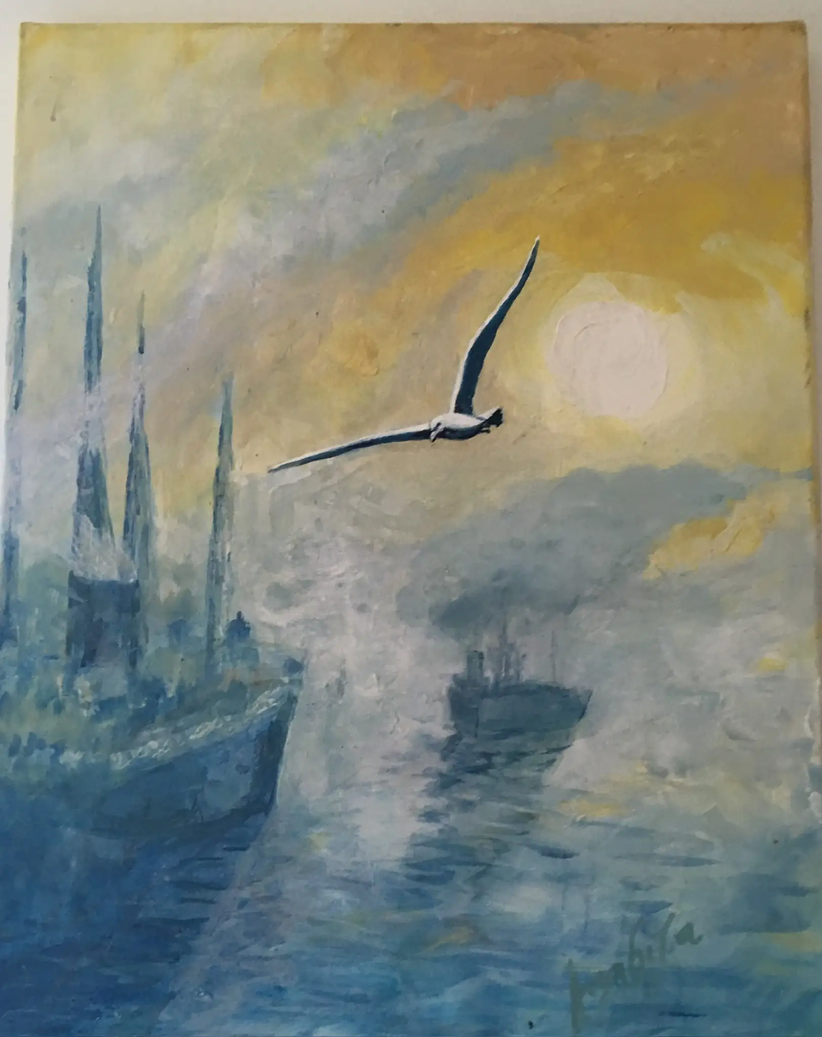 Misty harbour at low sun with tall masts in blue on the left, a single gull banking in profile against a warm yellow sky, and a small vessel out on the calm water