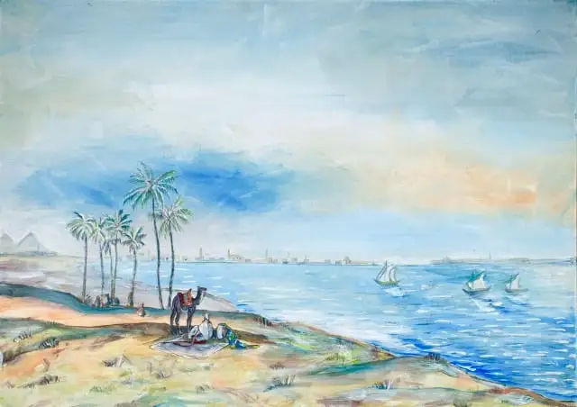 A wide oil landscape of the Nile at midday: palms and a resting camel on a sandy left-hand bank, feluccas under lateen sails on calm blue water, and a low pale city with pyramids on the far shore