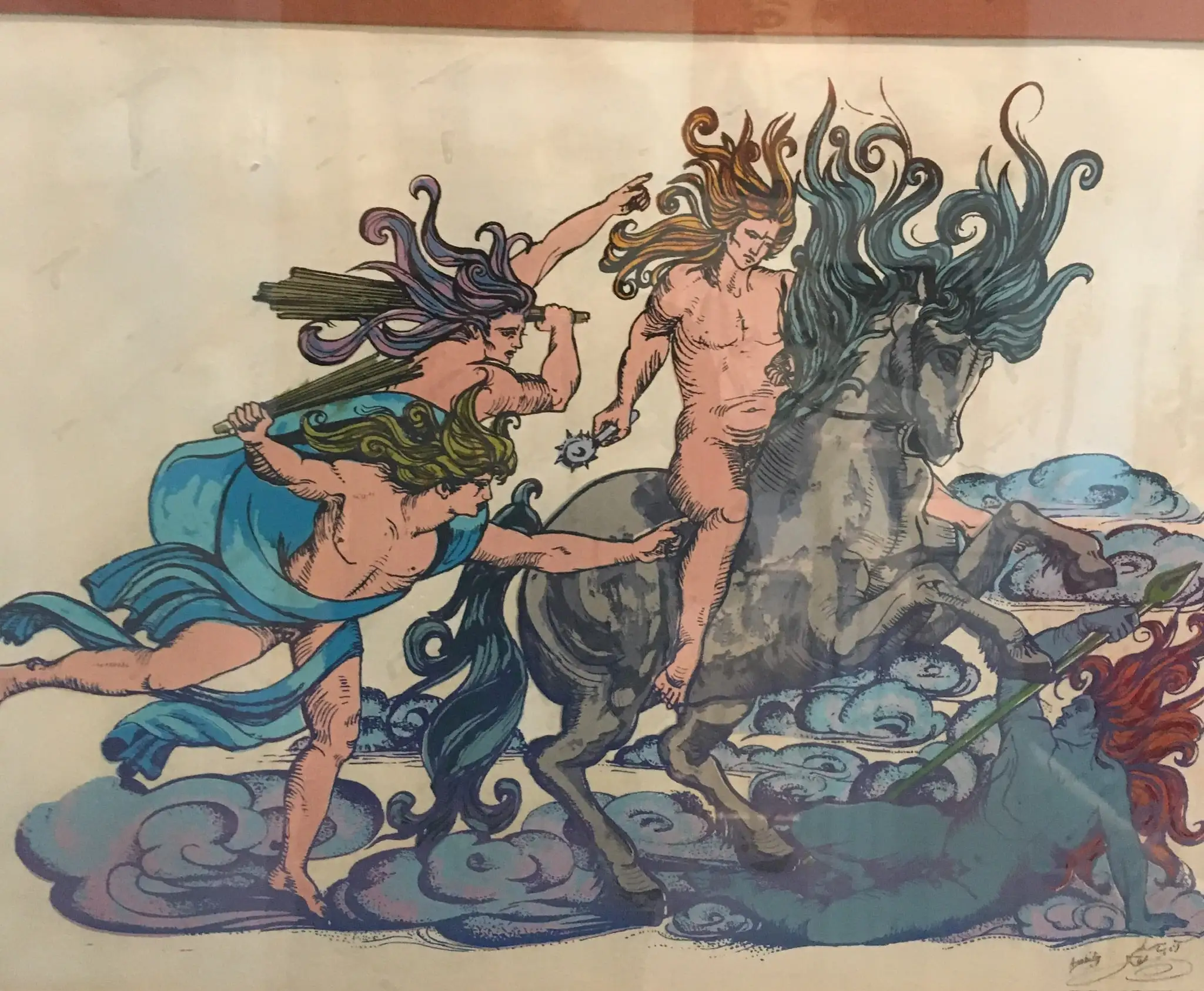 A hand-coloured pen drawing of a rearing grey horse and its bare-chested rider clashing with a robed warrior in blue amid swirling cloud, in violet, ochre and turquoise ink washes