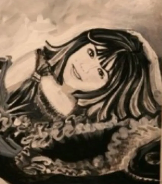 A young woman with long dark hair reclines with one arm raised, wearing a black bodice with a deep ruffled collar, in soft sepia tones on a pale ground.