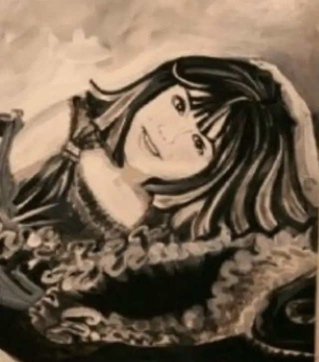 A young woman with long dark hair reclines with one arm raised, wearing a black bodice with a deep ruffled collar, in soft sepia tones on a pale ground.