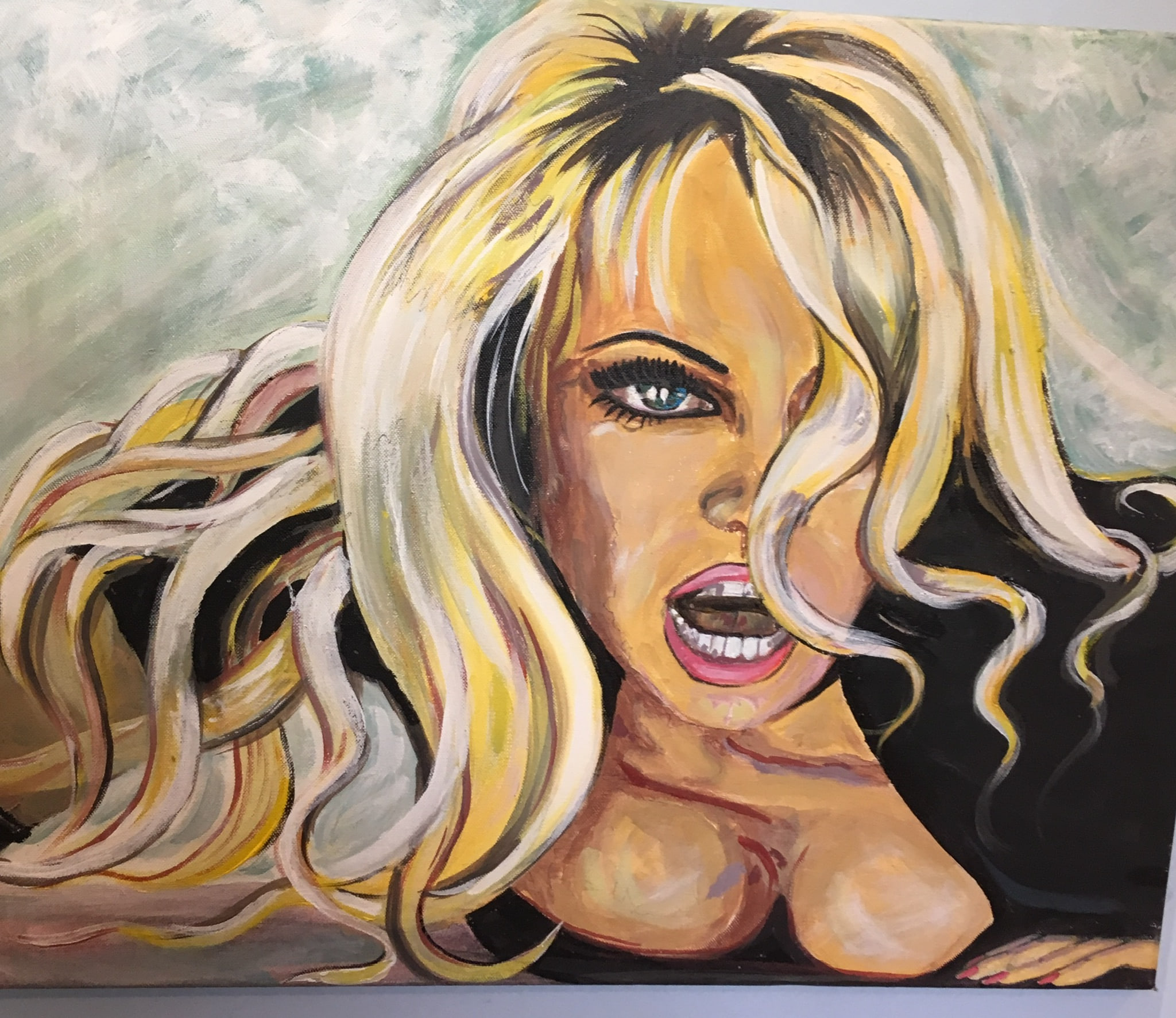 A close portrait of a blonde woman with tousled waves and parted lips, painted in gold, cream and pink against a pale sage-green sky