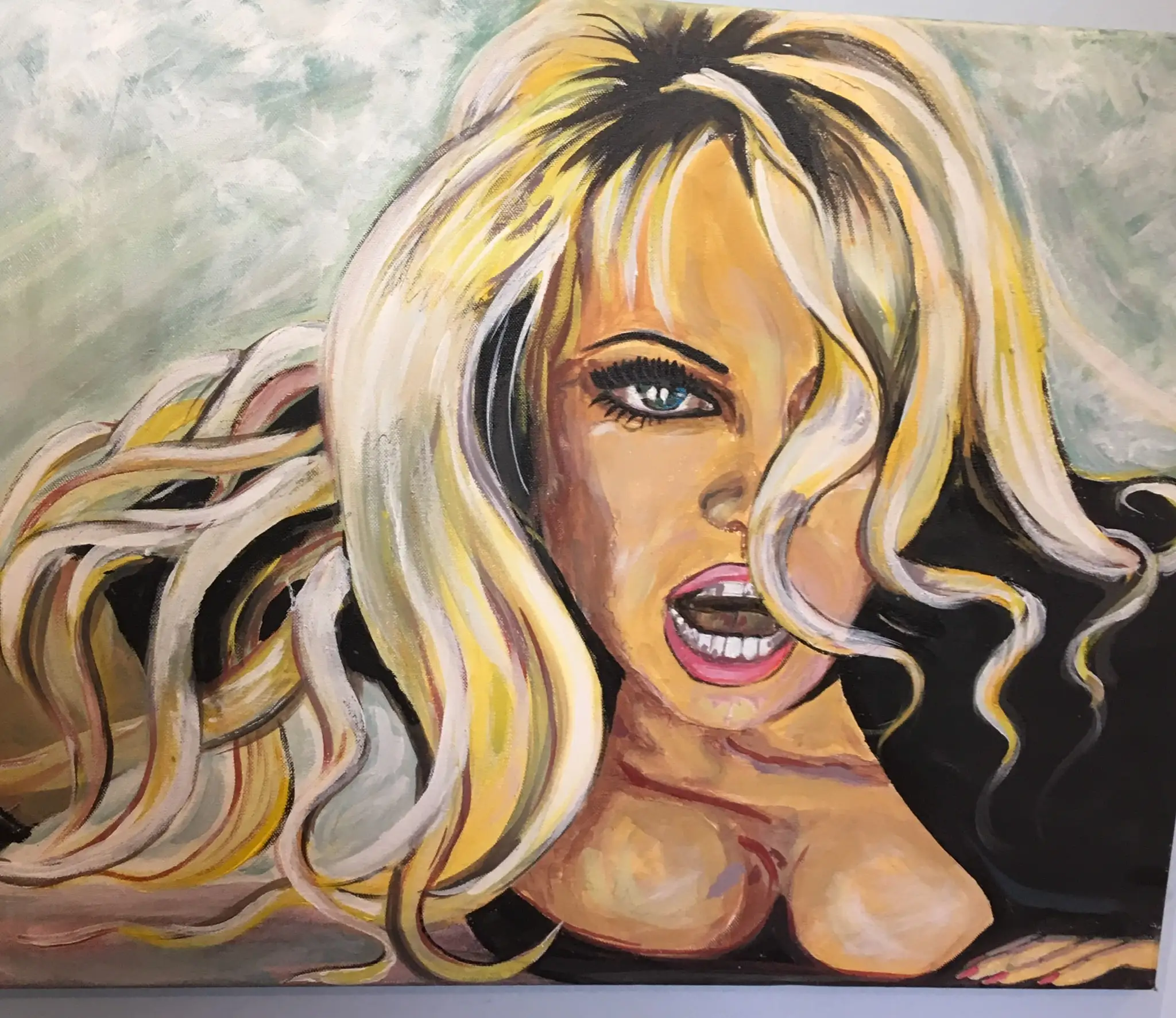A close portrait of a blonde woman with tousled waves and parted lips, painted in gold, cream and pink against a pale sage-green sky
