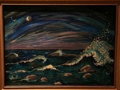 A stormy night sea with breaking teal and white waves, dark rocks in the foreground and a plum and indigo streaked sky with a small white moon and distant gull