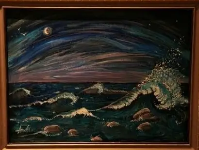 A stormy night sea with breaking teal and white waves, dark rocks in the foreground and a plum and indigo streaked sky with a small white moon and distant gull