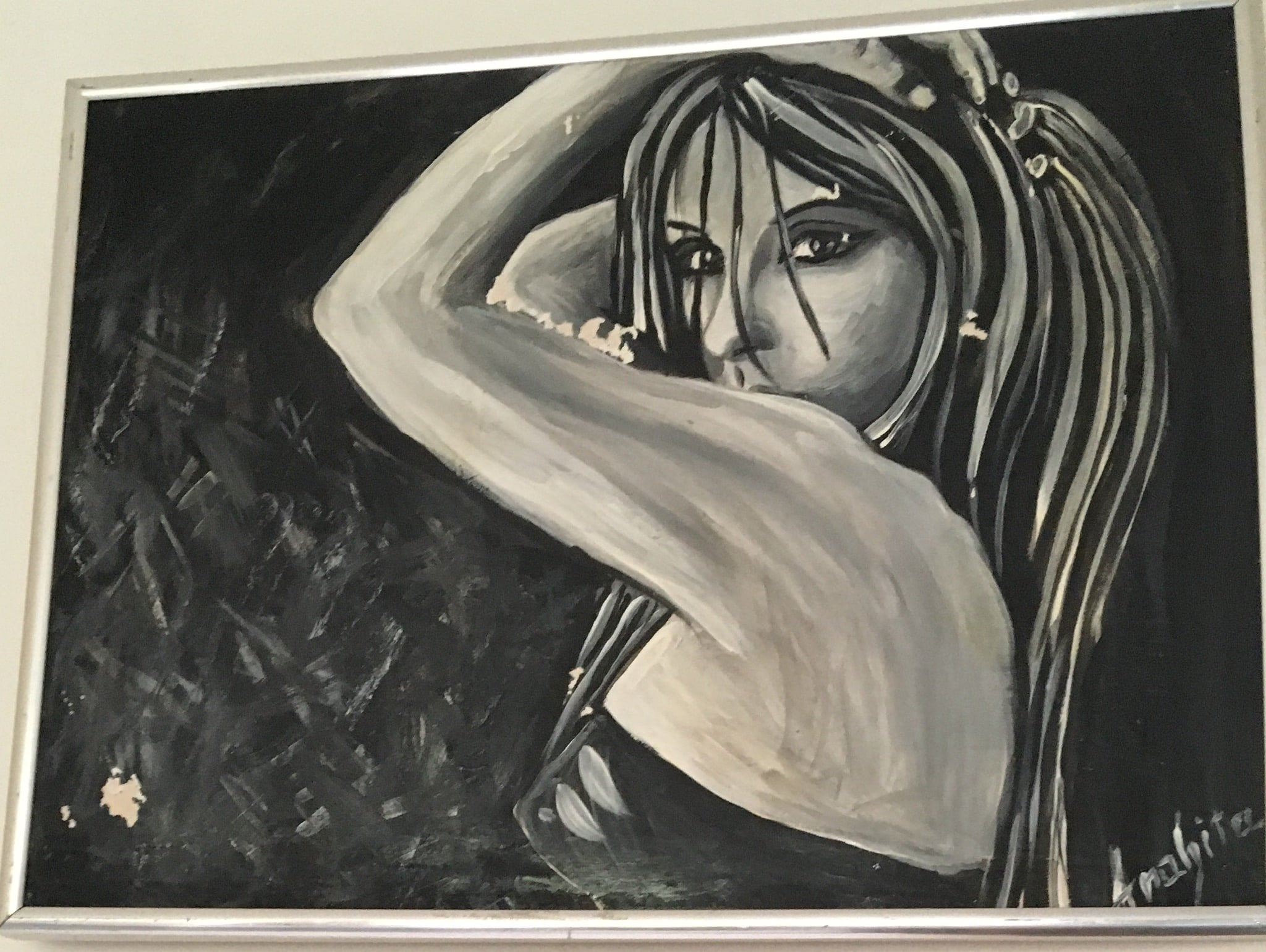 A monochrome figure study of a woman with long dark hair and a raised arm turning against a scratched black ground, painted in whites, greys and inky blacks