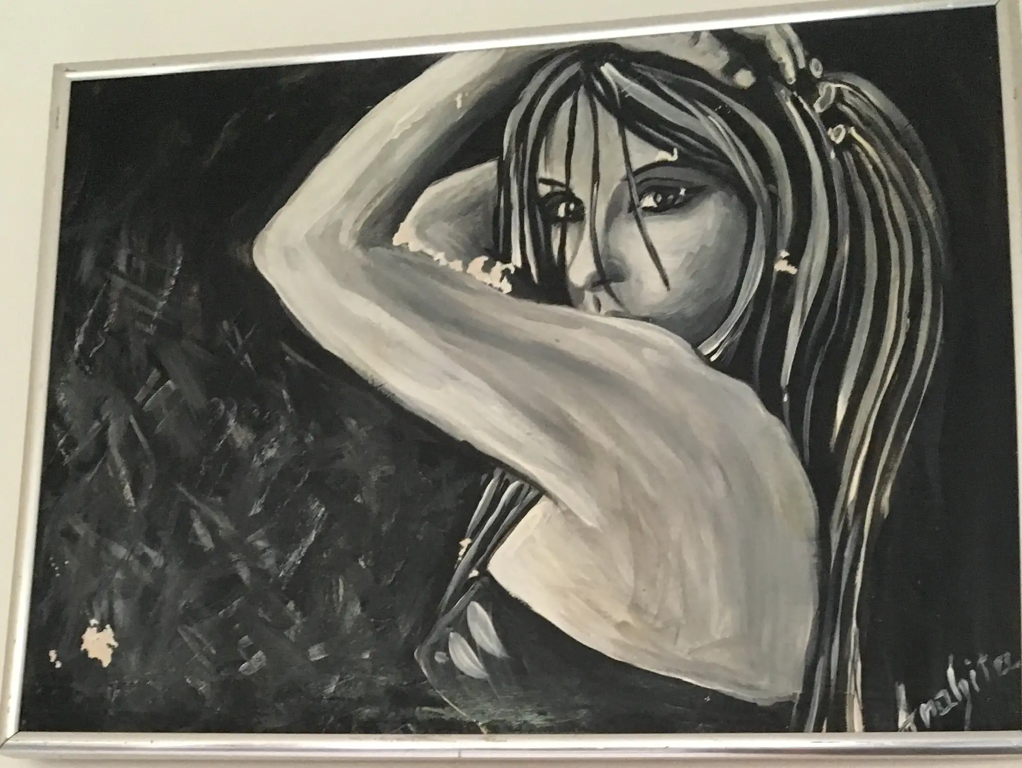 A monochrome figure study of a woman with long dark hair and a raised arm turning against a scratched black ground, painted in whites, greys and inky blacks