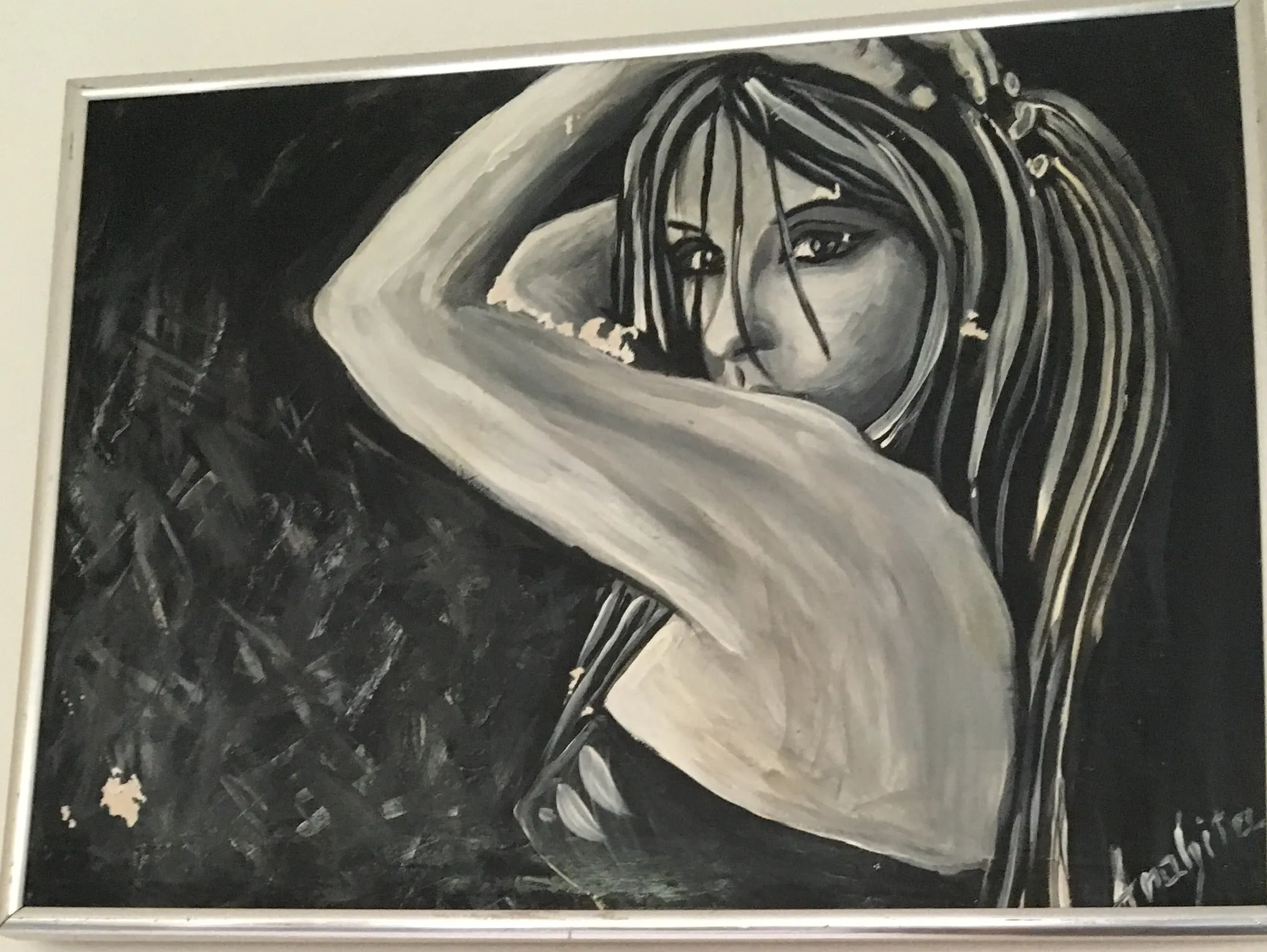 A monochrome figure study of a woman with long dark hair and a raised arm turning against a scratched black ground, painted in whites, greys and inky blacks