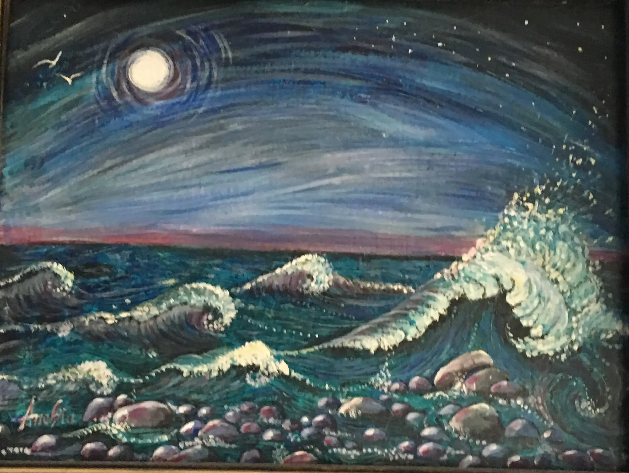 A moonlit turquoise sea rolling in three or four wave crests toward a pebbled shore, a bright full moon top left with two small gulls, a thin pink band at the horizon and a starry night sky above