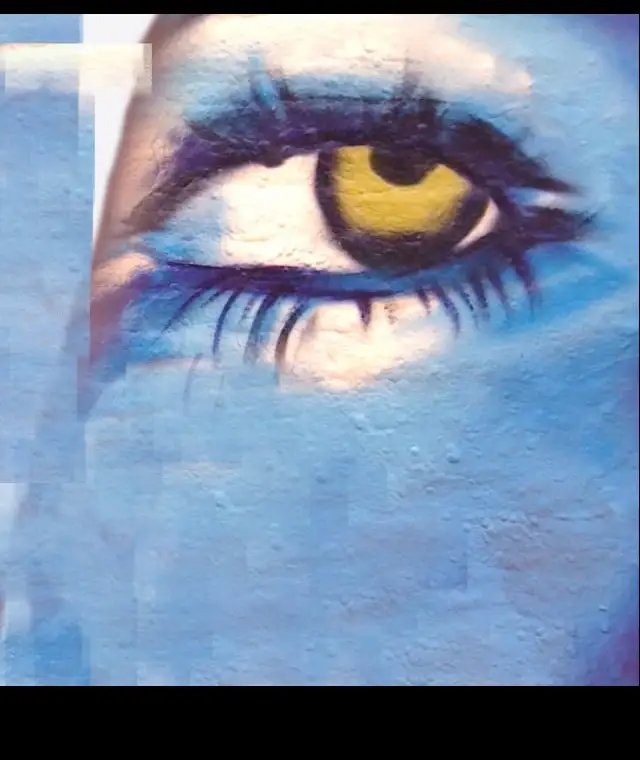 An extreme close up of a painted eye with a sulphur yellow iris, deep indigo and violet lashes, and cool white and cobalt blue skin over a heavily textured painted surface
