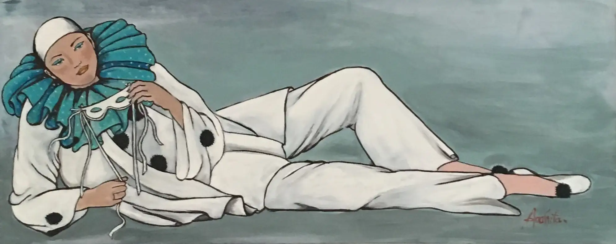 A reclining Pierrot in a loose white costume with a large ruffled teal collar and black pom-poms, one hand holding a small mask, painted against a soft teal-grey ground
