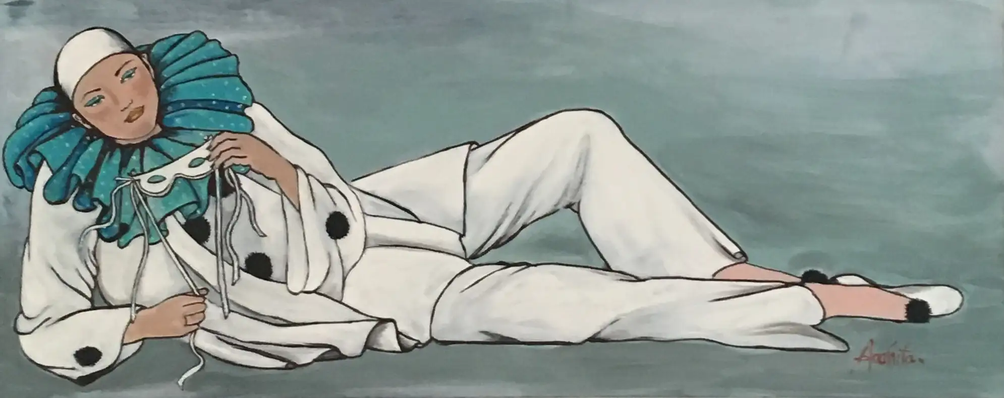 A reclining Pierrot in a loose white costume with a large ruffled teal collar and black pom-poms, one hand holding a small mask, painted against a soft teal-grey ground