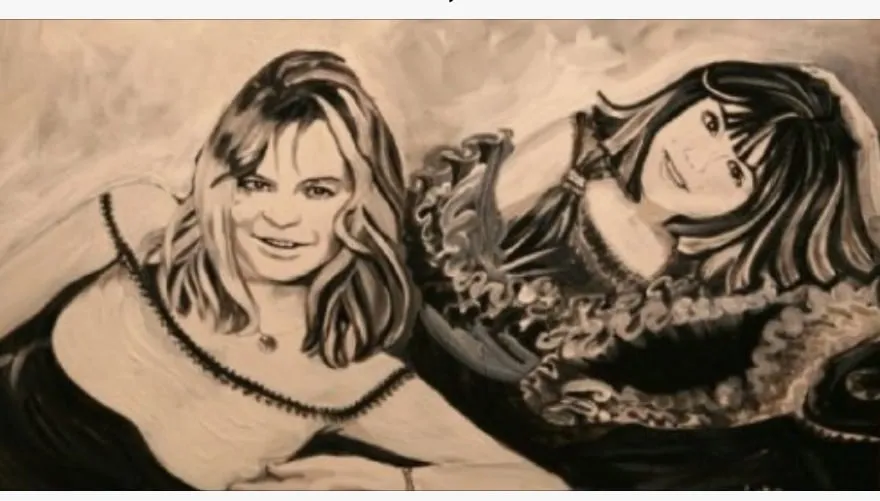 Double portrait of two smiling young women reclining together, one fair, one dark, in dark bodices with ruffled trim, painted in warm sepia tones.