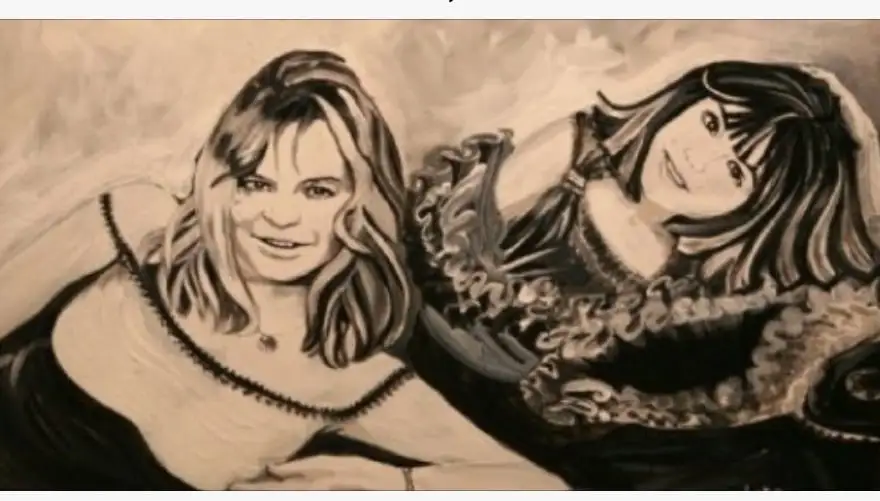 Double portrait of two smiling young women reclining together, one fair, one dark, in dark bodices with ruffled trim, painted in warm sepia tones.