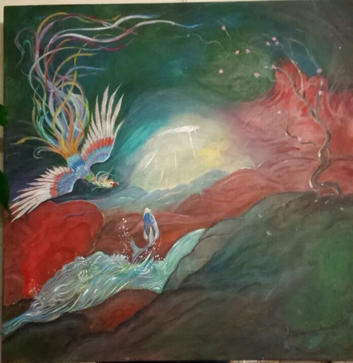 A square canvas of a rainbow-tailed phoenix flying at upper left over red rocky hills and a pale moon, with a silver fish leaping from a curling stream in the foreground and a branch of tiny blossoms on the right
