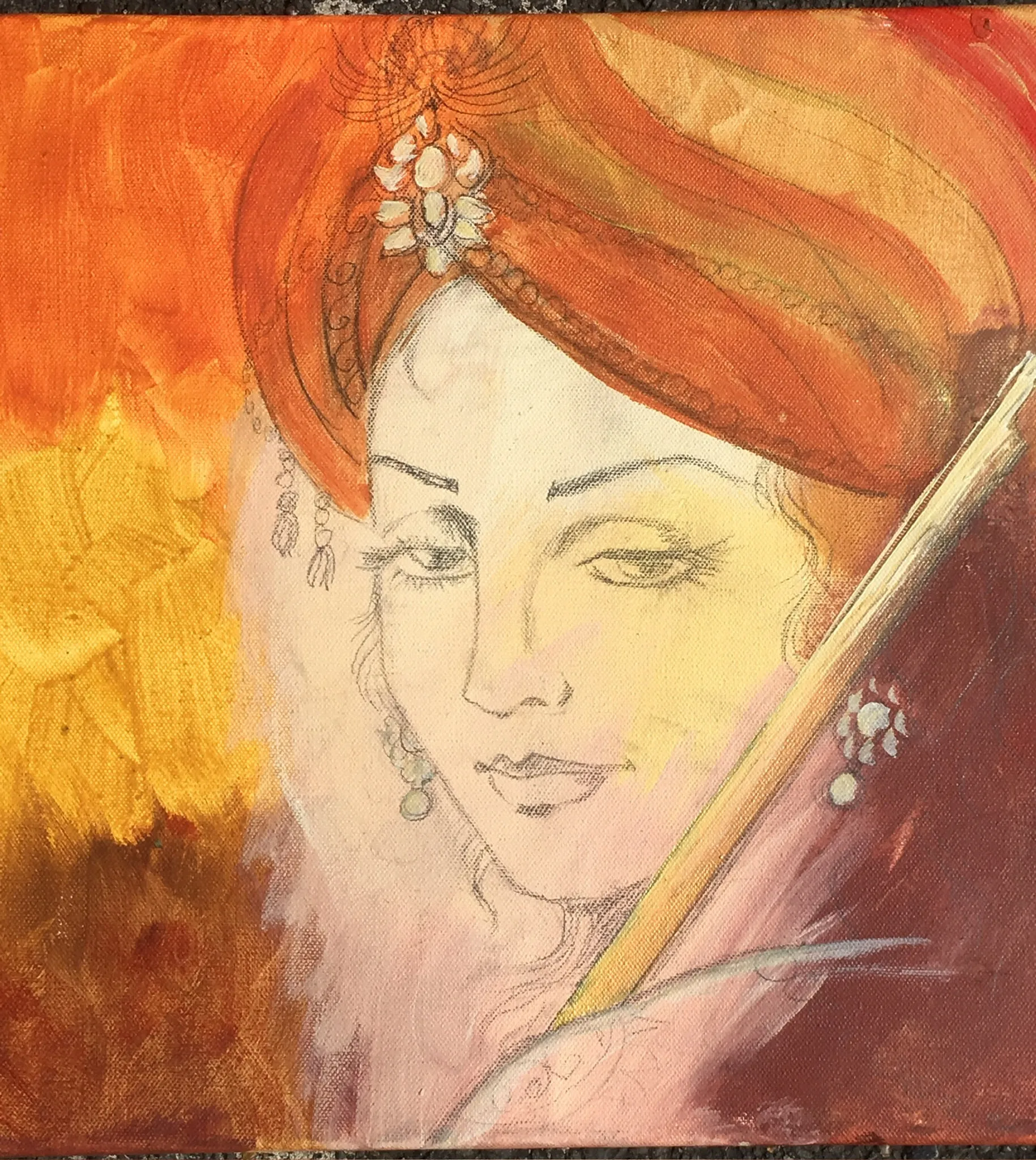 A young woman's face beneath a tall orange and yellow turban with a pearl and bead ornament, drawn in pencil and washed with warm orange, ochre and pink oils
