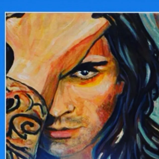 Close portrait detail of a dark haired figure with strong brows and a searching eye, a hand raised across the brow, warm ochre skin against a saturated blue background