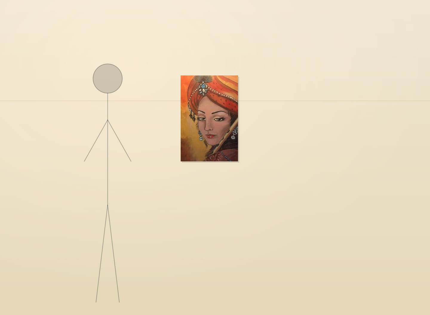 Canvas print of Woman with the Flute hung to scale on a warm off-white wall, beside a 170 cm silhouette figure. The canvas here is 40 by 60 centimetres.